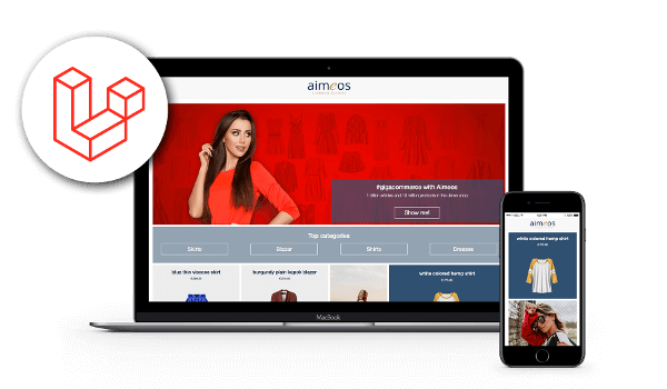 Headerbild der Aimeos Laravel E-Commerce Paketseite mit Laravel-Logo und Shop-Screenshot, das die modulare, skalierbare E-Commerce Lösung zeigt