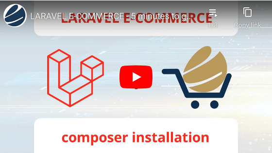 Video-Vorschaubild zur Installation von Aimeos in Laravel via Composer mit Laravel-Logo, Aimeos-Warenkorb-Icon und YouTube-Play-Button im E-Commerce-Kontext