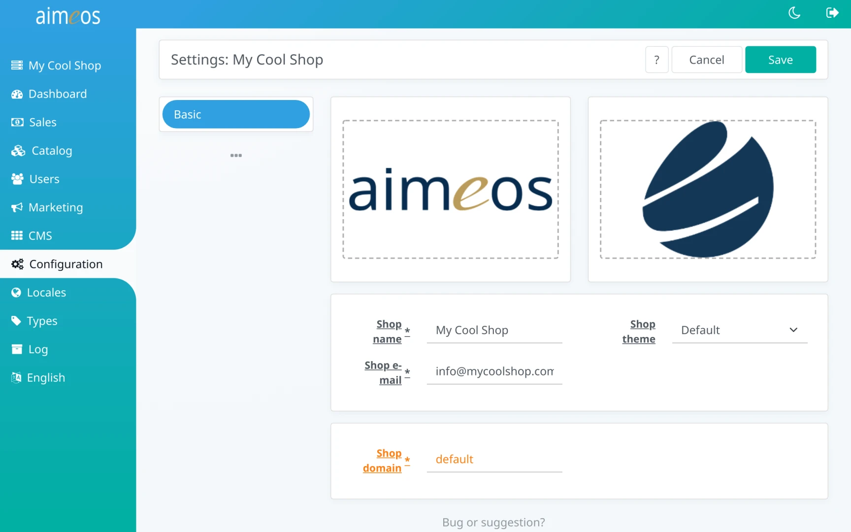 Aimeos settings panel in admin backend